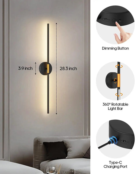 Rechargeable Battery Operated Wall Sconces Set Of 2 With Remote, 360 Degree Rotatable, 28.3 Inch Light with Dimming Button