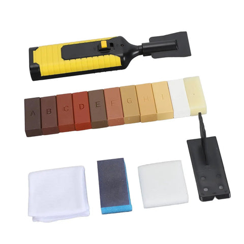 DIY Floor Repair Wax Kit For Hardwood Floors Laminate And Wood Furniture With 11 Color Wood Filler Sticks To Hide Scratches Cracks And Holes On Doors Cabinets And More, showing tools and color sticks.