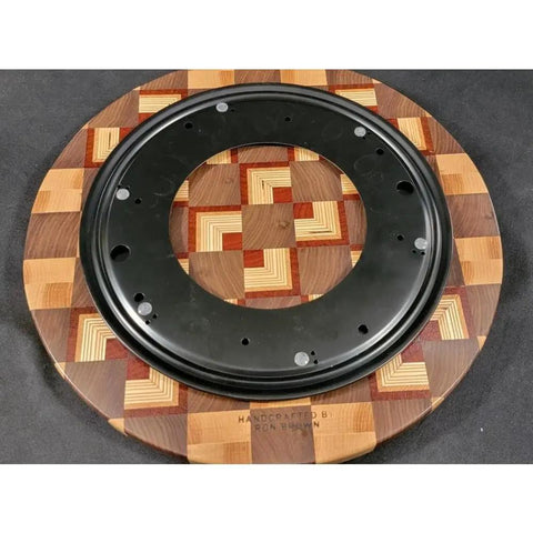 Solid End Grain 12 Inch Wooden Lazy Susan Round Kitchen Centerpiece For Spices Condiments And Everyday Essentials A Dope Rotating Organizer For Dining Table Pantry Cabinets And Home Decor, top view showing intricate wood pattern and metal swivel