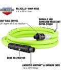 Ball Swivel End Air Hose With Three Eighth Inch By Six Foot Length, Heavy Duty Lightweight Hybrid Polymer That Is Kink Free, All Weather Flex, Abrasion Resistant Cover, Ideal For Auto Shop And DIY Projects, shown coiled with labeled features.