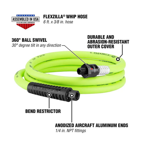 Ball Swivel End Air Hose With Three Eighth Inch By Six Foot Length, Heavy Duty Lightweight Hybrid Polymer That Is Kink Free, All Weather Flex, Abrasion Resistant Cover, Ideal For Auto Shop And DIY Projects, shown coiled with labeled features.