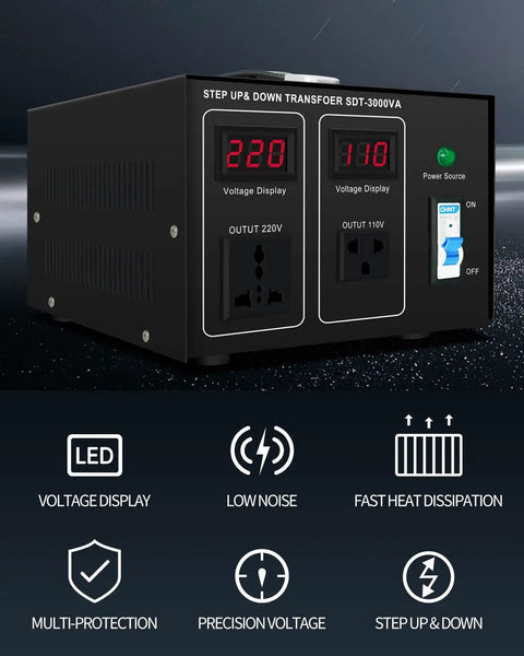 Beefy 3000W Step Up And Down Voltage Transformer Converter 110V to 120V to 220V to 240V with LED display and dual outlets