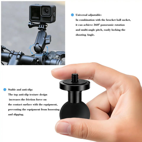 2-Piece Aluminum Alloy Ball Head Adapter For 1-Inch B-Size Double Ball Head Arms With 1/4-20 Threaded Stud Mount Accessory For Action Cams Bikes And Outdoor Photography Gear mounted on bike with action camera and threaded stud detail