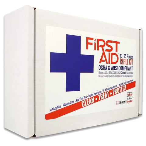 Front view of white first aid kit refill box with large blue cross and red FIRST AID text, OSHA and ANSI compliant