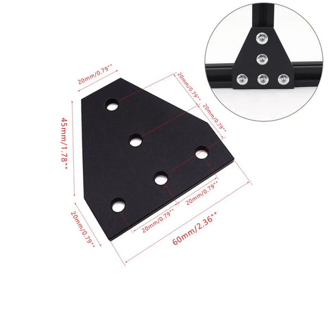 10 Pack T Shape Five Hole Corner Joint Plates for 20x20 Aluminum Extrusion 2020 Series with dimensions shown