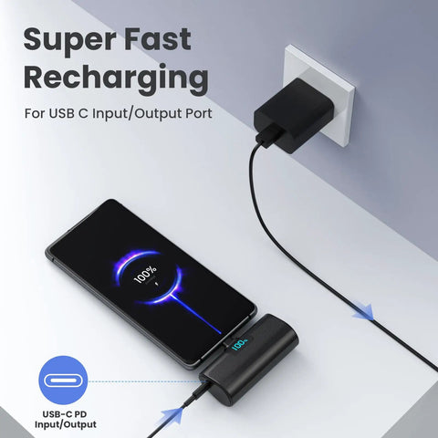 Two Pack Grab And Go Portable Charger With Built In USB C Cable, 5200 Mah Pocket Power Bank charging a smartphone with USB-C.
