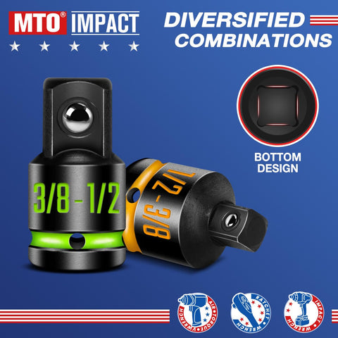 Two-Piece Impact Socket Adapter And Reducer Set 1/2 F To 3/8 M And 3/8 F To 1/2 M For Impact Wrenches with colored markings