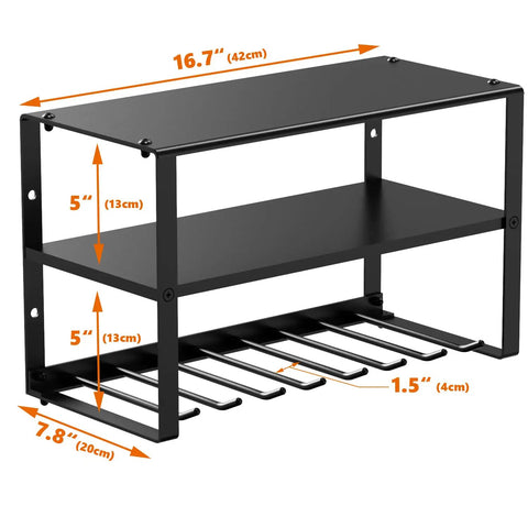 Built Tough 3 Tier Garage Tool Organizer Rack For Drills And Hand Tools Carbon Steel Wall Mount Shelf Space Saving Power Tool Storage System USA Designed Garage Storage Solution showing dimensions and shelf tiers.