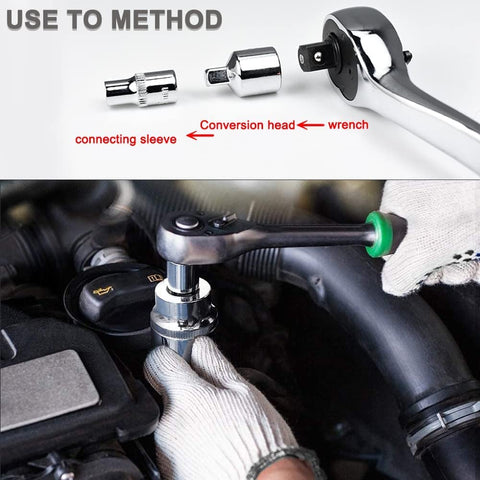 Utoolmart 3/8in to 1/4in drive impact socket adapters, female-to-male, Cr-V, 2-pack; shown with ratchet.