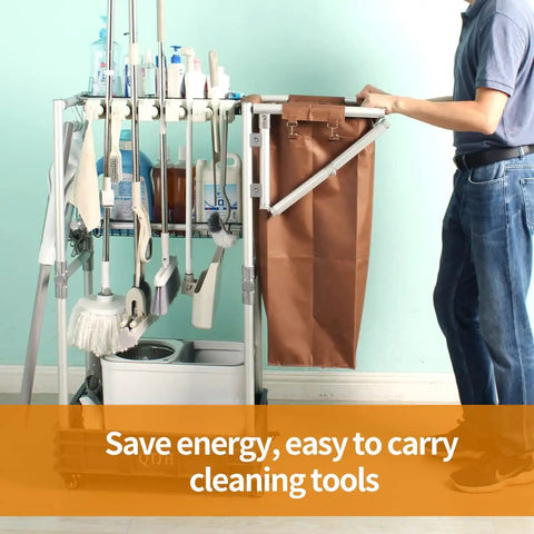 Heavy Duty Mobile Housekeeping Cart With Slick Rolling Wheels Built In Storage Shelves And Solid Broom Mop Holder No Sweat Setup for easy access to cleaning supplies.