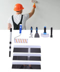 Professional Self Leveling Cement Tool Kit Featuring Four And Six Point Five Inch Notched Trowels Nine Inch Paint Roller Extension Pole Handle Plus Heavy Duty Scrapers For Dead Flat No Hassle Floors shown with tools and a worker using a paint roller.
