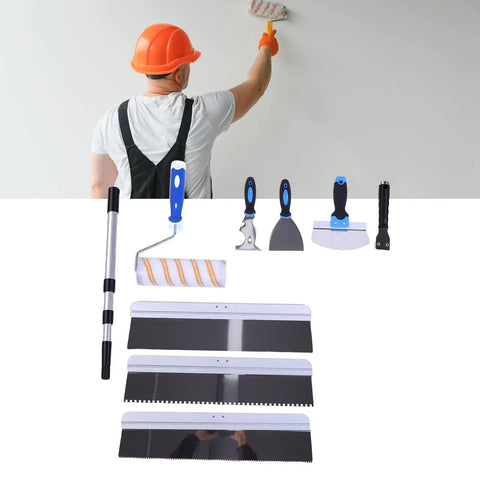 Professional Self Leveling Cement Tool Kit Featuring Four And Six Point Five Inch Notched Trowels Nine Inch Paint Roller Extension Pole Handle Plus Heavy Duty Scrapers For Dead Flat No Hassle Floors shown with tools and a worker using a paint roller.