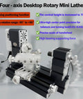60W High Power Mini Metal Lathe Machine 12000 RPM 4 Axis Desktop Turning Tool 150mm Capacity with precise A-axis rotation.