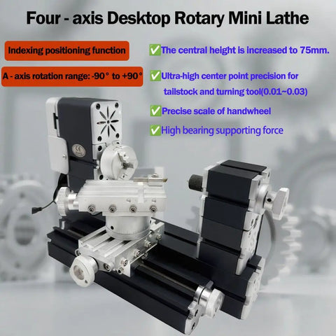 60W High Power Mini Metal Lathe Machine 12000 RPM 4 Axis Desktop Turning Tool 150mm Capacity with precise A-axis rotation.