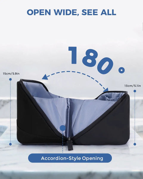 Men's Dopp Kit Toiletry Bag With PU Leather Travel Organizer Featuring Detachable Waterproof Hanging Pouch Open Flat Shaving Kit With Wet Pocket Easy Grab and Go Travel Toiletry Case Black, showing 180-degree open-flat design.