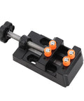 Portable Bench Vise Base With Quick Release Clamp Table For Drill Press handling irregular shapes in durable black aluminum.