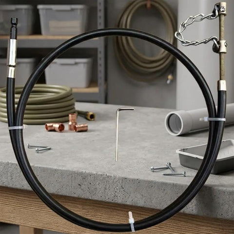 Heavy Duty Electric Drill Drain Auger Snake For Bathroom Sink And Tub Clogs Fast Hex Shank on a workbench with tools.