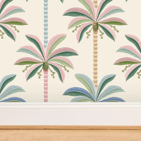 Kickass Midcentury Modern Vinyl Wallpaper With Sleek Leather Texture And Heavy Duty Commercial Grade Durability Custom Printed Just For You To Level Up Any Interior Space Today with colorful palm tree design.
