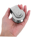 Hand holding Stainless Steel Fixed Pulley Bearing For Sliding Doors And Gates, Heavy Duty Wall Mounted Pulley System with Smooth Grooves.