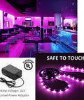 20 Foot RGB Smart LED Strip Lights Kit with Music Sync illuminating a modern bar, showing 24V power supply and UL adapter