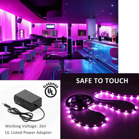 20 Foot RGB Smart LED Strip Lights Kit with Music Sync illuminating a modern bar, showing 24V power supply and UL adapter