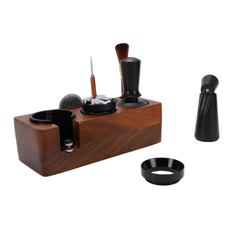 Portable Solid 58mm Stainless Steel Coffee Tamper Kit With Wooden Tamping Station and tools displayed on wooden base