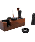 Real Deal 58mm Espresso Tamper Set With Solid Wood Station features a wood base, tamper, brush, and distributor tools for espresso.