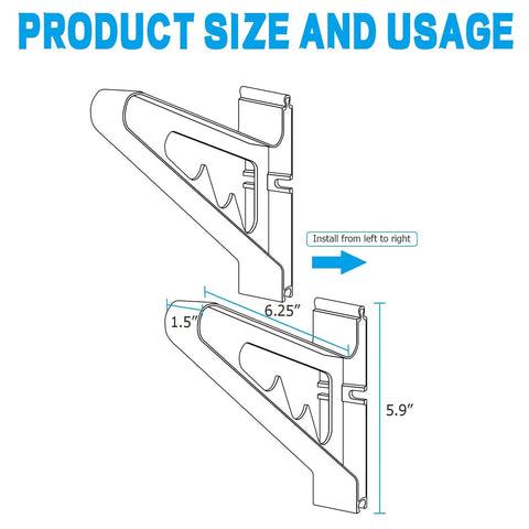 Product size diagram of Heavy Duty Premium Adjustable Snowboard And Skateboard Wall Mount Rack For Garage Storage Space Saving Display.