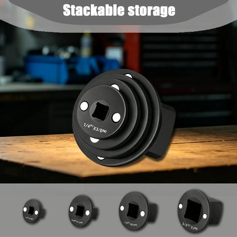 Huge Low Profile Impact Socket Adapter Kit For Tight Spaces 1/4 to 1 in Cr-Mo steel magnetic adapters stacked on a workbench