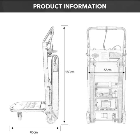 Heavy Duty Electric Stair Climbing Dolly With 660 Lb Capacity And 850 Watt Motor dimensions illustrated, showing 180cm height and 65cm width.