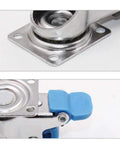 Close-up view of Rollin Tough Heavy Duty Castor Wheels showing steel mounting plate and blue dual lock mechanism.