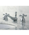 Old School Restoration Style Mini Widespread Lavatory Faucet with chrome finish and dual cross handles on marble counter