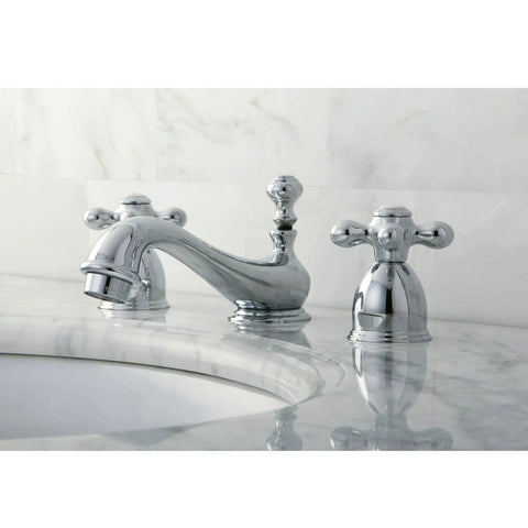 Old School Restoration Style Mini Widespread Lavatory Faucet with chrome finish and dual cross handles on marble counter