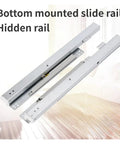 Top Shelf Bottom Mounted Drawer Slides One Pair Concealed Guide 16 Inch silver slide rails for smooth, hidden installation in furniture.