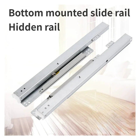 Top Shelf Bottom Mounted Drawer Slides One Pair Concealed Guide 16 Inch silver slide rails for smooth, hidden installation in furniture.