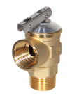 Brass 3/4in NPT two-port safety relief valve with side outlet and top test lever.
