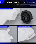 Aftermarket Coolant Reservoir Tank With Factory Style Cap For 2011 Through 2019 Ford Fiesta 1.0L And 1.6L showing expansion tank cap, pipes, and mounting bracket.