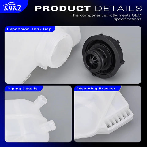 Aftermarket Coolant Reservoir Tank With Factory Style Cap For 2011 Through 2019 Ford Fiesta 1.0L And 1.6L showing expansion tank cap, pipes, and mounting bracket.