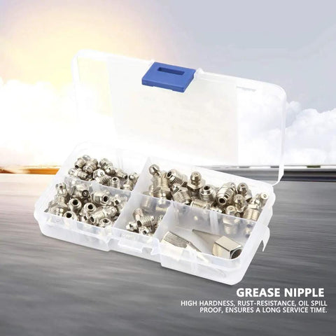Grease Fittings Kit With 60 Metal Zerks For Spokes And Spoke Nipples, Assorted Straight 90 Degree And 45 Degree Angled Lubrication Fittings For Easy Grease Jobs No Disassembly Required in plastic case