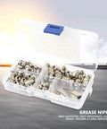 Grease Fittings Kit With 60 Metal Zerks For Spokes And Spoke Nipples in plastic case, assorted angles visible.