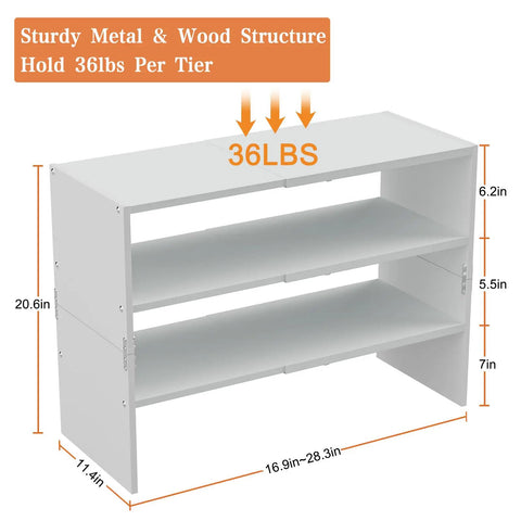 Expandable 3 Tier White Shoe Rack Organizer For Closet And Hallway, Adjustable Length From 16.9 To 28.3 Inches, Stackable Iron And Wood Shelves