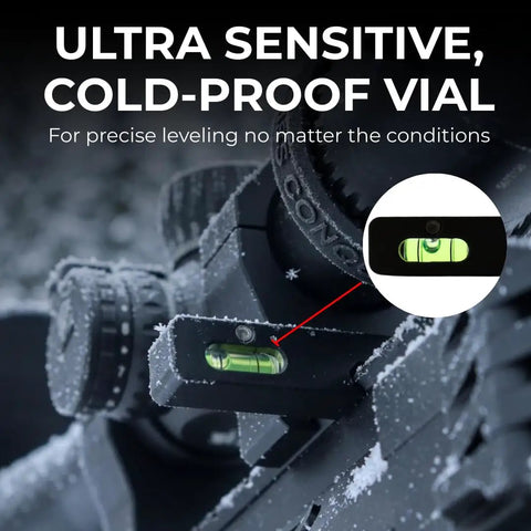 Picatinny Rail Leveling Kit With Ultra Low Profile Anti Cant Bubble Level in 6061 Aluminum on snowy rifle setup