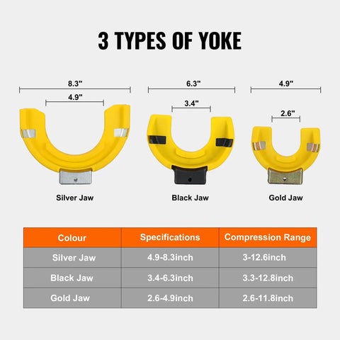 Three types of yokes for Strut Spring Compressor Kit For MacPherson And Conical Springs with sizes and compression ranges.