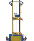 Front view of Beefed Up Heavy Duty Gas Cylinder Lifter 500 Lb Capacity Steel Hand Crank Lift in blue and yellow.