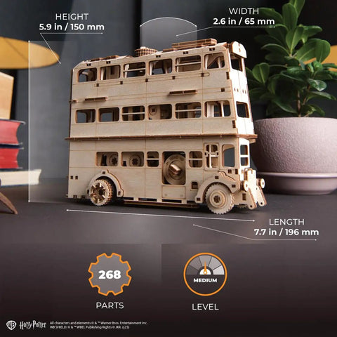 Knight Bus 3D Puzzle With 268 Pieces And 7.7 Inch Build Size Transformable Triple Decker Design, Spring Powered Motor, Flip Gear Coasting, Pre Laser Cut Wood Panels And No Glue Needed For Quick Hands On Fun. Wooden model bus with 7.7 in length