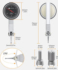 Dial Test Indicator Set With Magnetic Base Stand For Quick No Nonsense Machine Setups And Tight Spaces 0 To 0.03 Inches Of Travel With 0.0005 Inch Precision 3/8 Inch Clamping Hole Brass Finish Black, displaying dimensions and components.