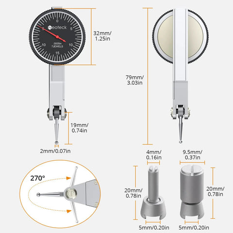Dial Test Indicator Set With Magnetic Base Stand For Quick No Nonsense Machine Setups And Tight Spaces 0 To 0.03 Inches Of Travel With 0.0005 Inch Precision 3/8 Inch Clamping Hole Brass Finish Black, displaying dimensions and components.
