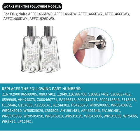 Freezer Door Keys Two Pack Replacement Keys For AP4301346 AP4071414 PS2061565 AP2113733 held near a freezer lock