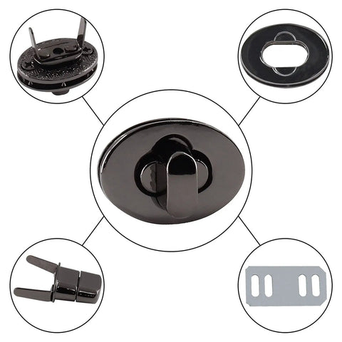 Top Shelf Black Twist Lock Clasps For Leather Bags And Diaries Heavy Duty Zinc Alloy Oval Turn Buttons detailed view of clasp components.