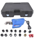 Built Like A Tank 15 Ton Hydraulic Crimping Tool With 14 Die Set Professional Grade For 9 Awg To 800 MCM Cable, blue tool and case.